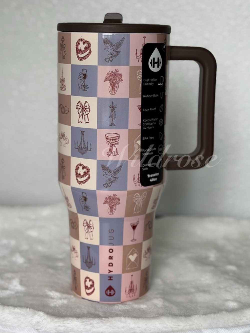HydroJug PINK BLUE CHECKER 40 OZ Traveler Hearts Bows Pink Blue mothers day NWT